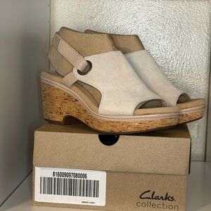 Clarks Women's Tan Mules with Cork Heel